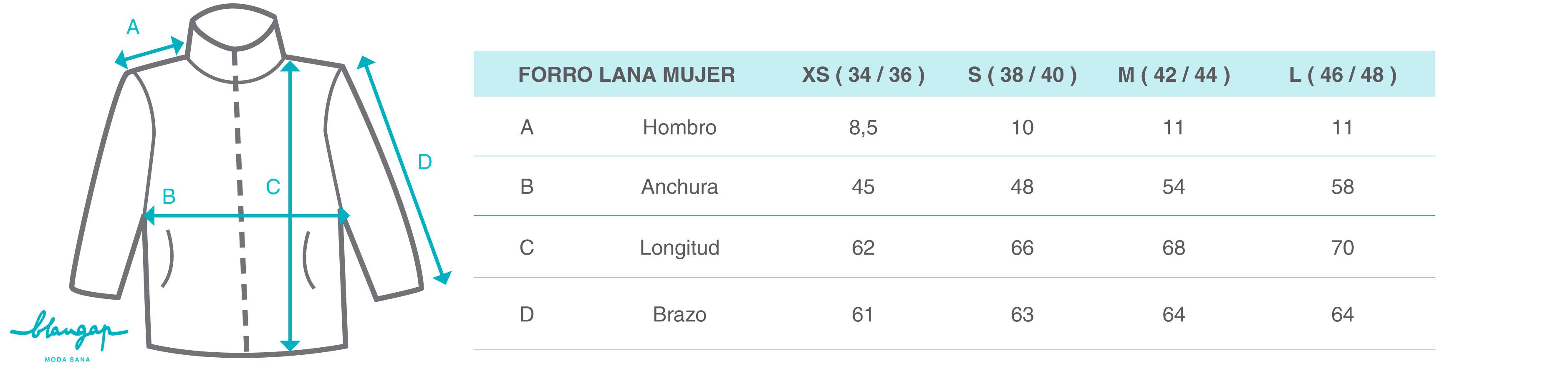 Guía de tallas Guía de talla forro de lana merino 100% mujer, sin químicos