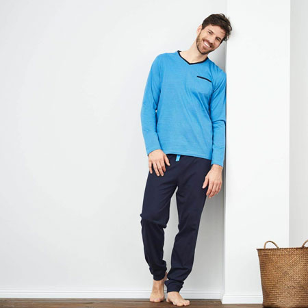 Pijama largo 100% algodón orgánico, rayas azul hombre