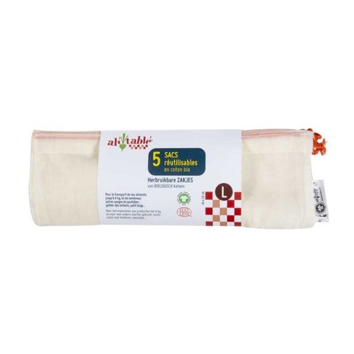 Pack 5 bolsas reutilizables para compra a granel, tamaño L