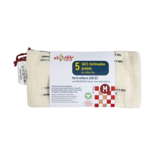 Pack 5 bolsas reutilizables para compra a granel, tamaño M