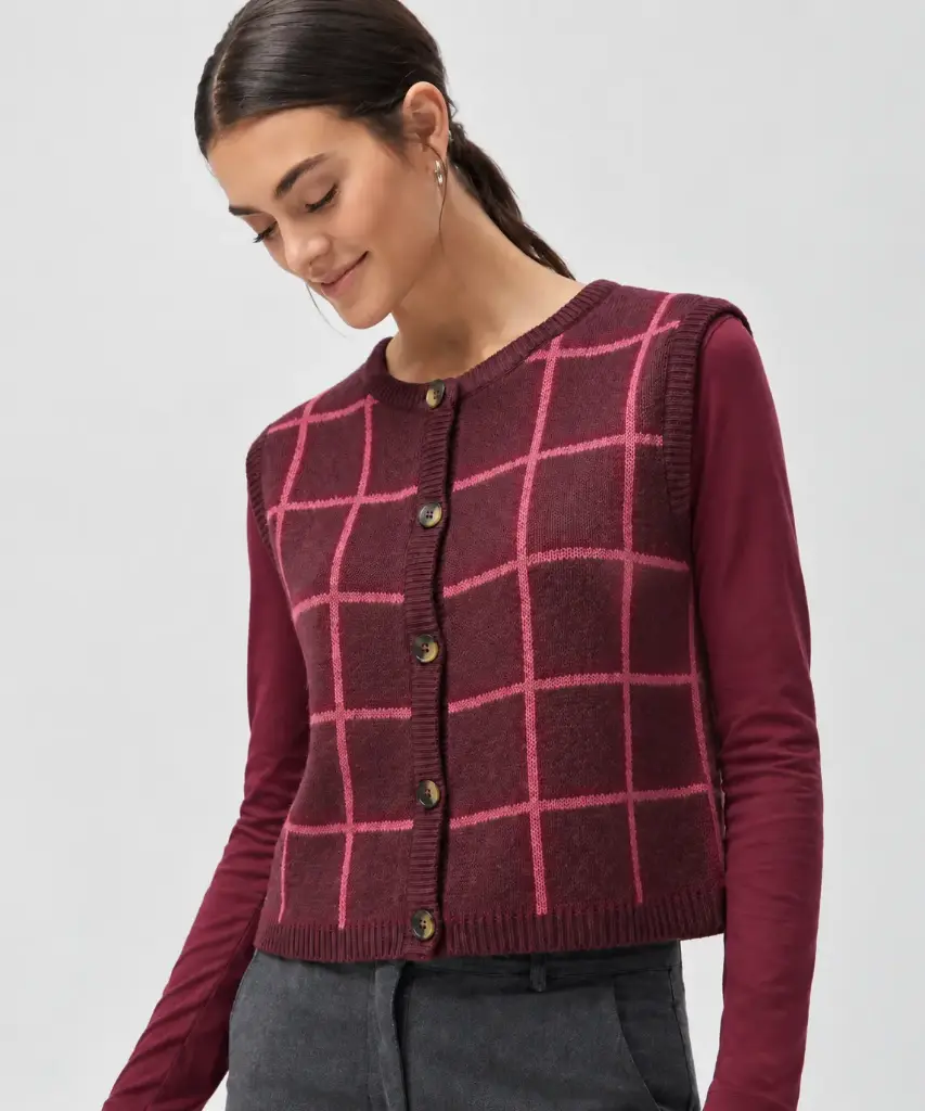 100% organic cotton sleeveless button-front cardigan with a plaid print