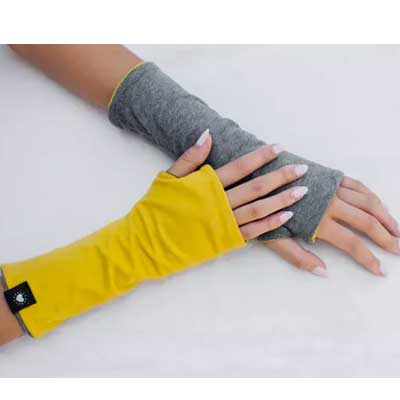 Organic cotton Yellow and grey fingerless mittens 